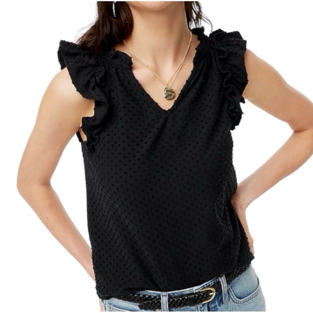 J. Crew Black Swiss Dot Ruffle Sleeve Top